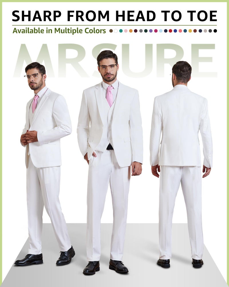 MrSure Men's 3 Piece Suit Blazer, Slim Fit Tux with One Button, Jacket Vest Pants & Tie Set for Party, Wedding and Business White - Image 2